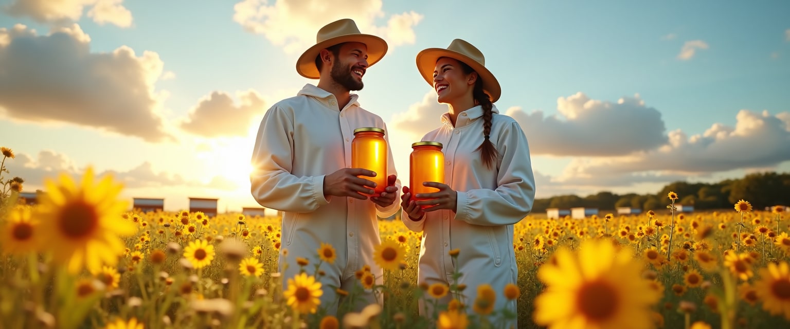 Imkerpaar mit Honiggläsern auf Sommerwiese – Schwarmgold Summer Sale Honigetiketten 2025